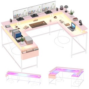 U Shaped Computer Gaming Desk with Power Outlets & LED Strip and Monitor Stand,79" Reversible L Shaped Desk with Storage Shelves for Home Office - 1 of 4