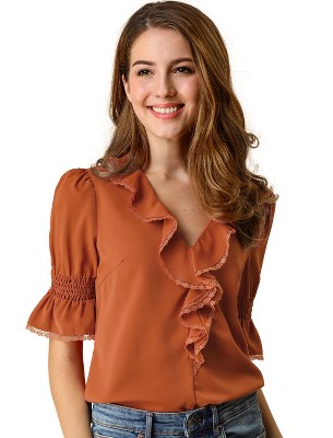 INSPIRE CHIC Women's Ruffle V Neck Puff Sleeve Summer Casual Chiffon Peasant Top