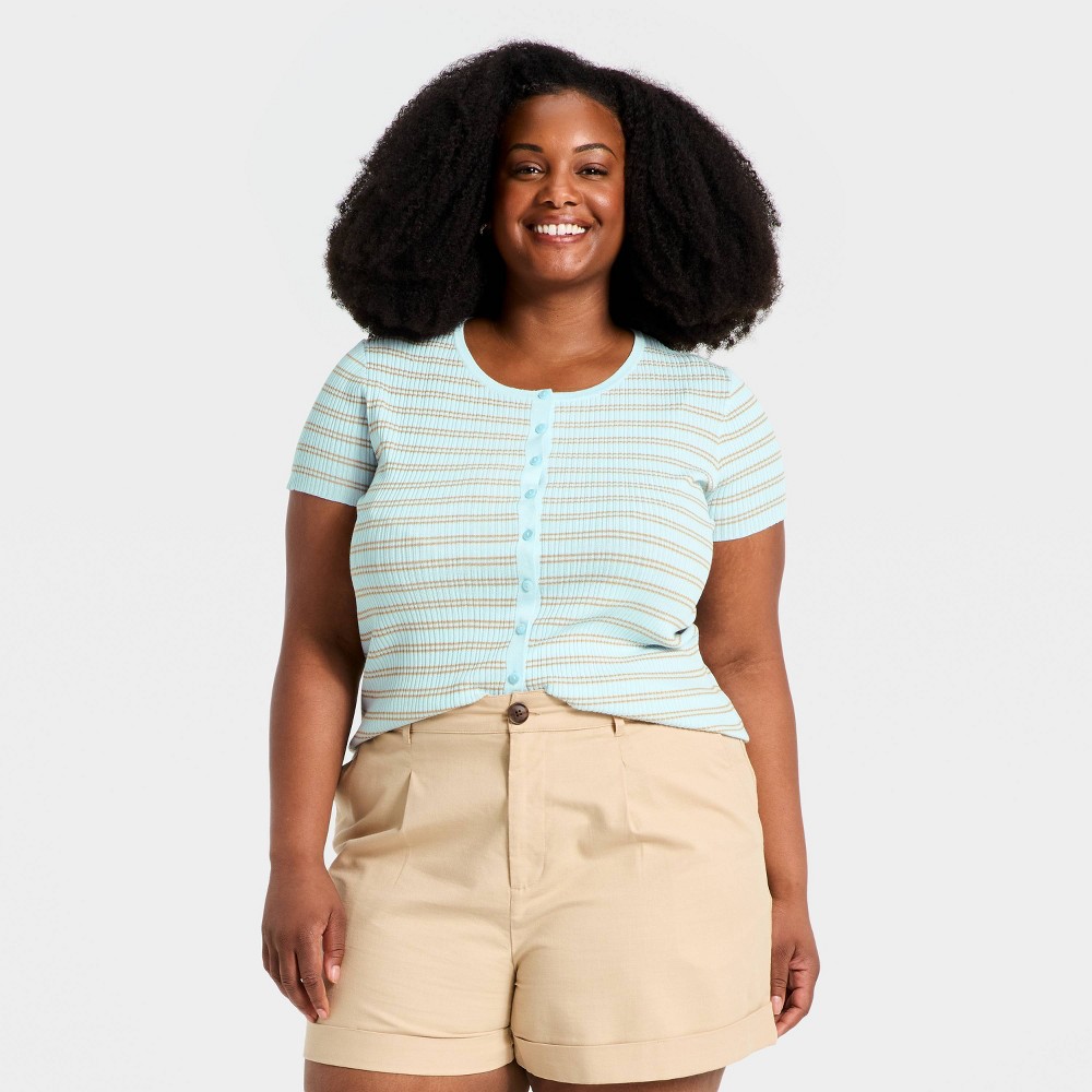 Women's Short Sleeve Button-Front Sweater - A New Day™ Light Blue 3X