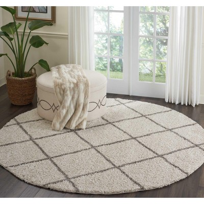 Cream Round Diamond Grid Synthetic Shag Area Rug 8'2"