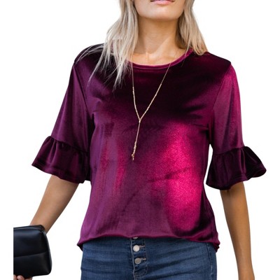 Amaryllis Women's Velvet Ruffle Sleeve Top Luxurious Soft Fabric Comfortable Relaxed Fit Stylish Versatile for Casual