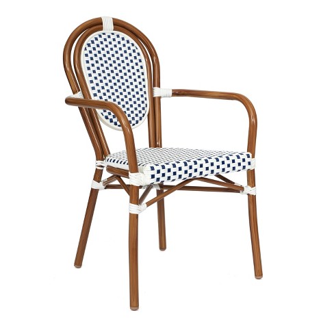 Emma Oliver Colmar Indoor outdoor Stacking Thonet Bistro Style Chair With Arms White Navy Pe Rattan Seat And Natural Bamboo Finished Metal Frame Target