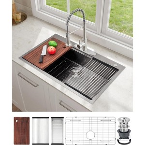24" x 18" x 9" Drop-In Stainless Steel Single Bowl Kitchen Sink | Modern Top Mount Workstation Sink with Pull-Down Faucet & Accessories - 1 of 4