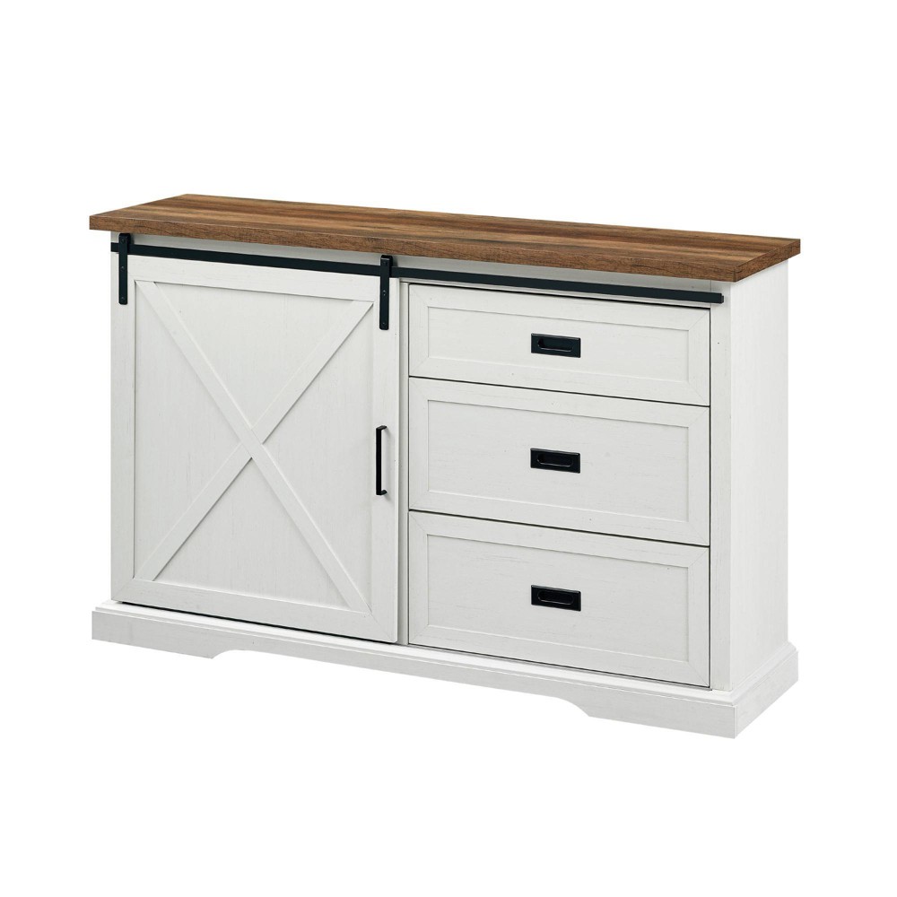 Orson Transitional Sliding X Barn Door Sideboard with 3 Drawers Rustic Oak/Brushed White - Saracina Home