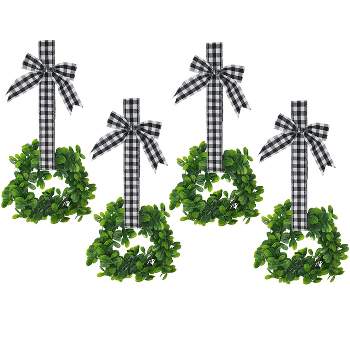 KOVOT Set of 4 Hanging Wreaths with Plaid Ribbon Bow. Christmas Decoration for Cabinets, Behind Chairs, Doors, Railings & Windows