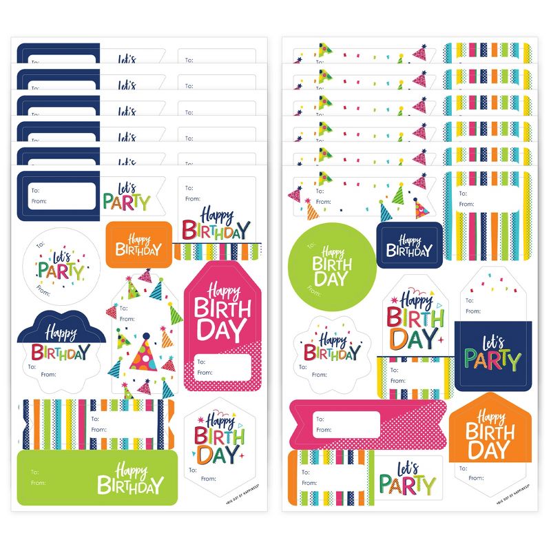 Big Dot of Happiness Cheerful Happy Birthday - Assorted Colorful Birthday Party Gift Tag Labels - To and From Stickers - 12 Sheets - 120 Stickers, 1 of 9