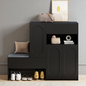 Elegant 2-in-1 Shoe Cabinet Bench with Arched Doors, Adjustable Shelves, Rebound Devices & Soft Cushion, Modern Entryway Shoe Organizer, 51" Wide - 1 of 4