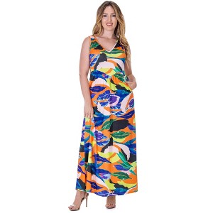 24seven Comfort Apparel Multicolor Floral Sleeveless V Neck Maxi Dress With Pockets - 1 of 4