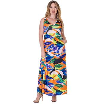 24seven Comfort Apparel Multicolor Floral Sleeveless V Neck Maxi Dress With Pockets