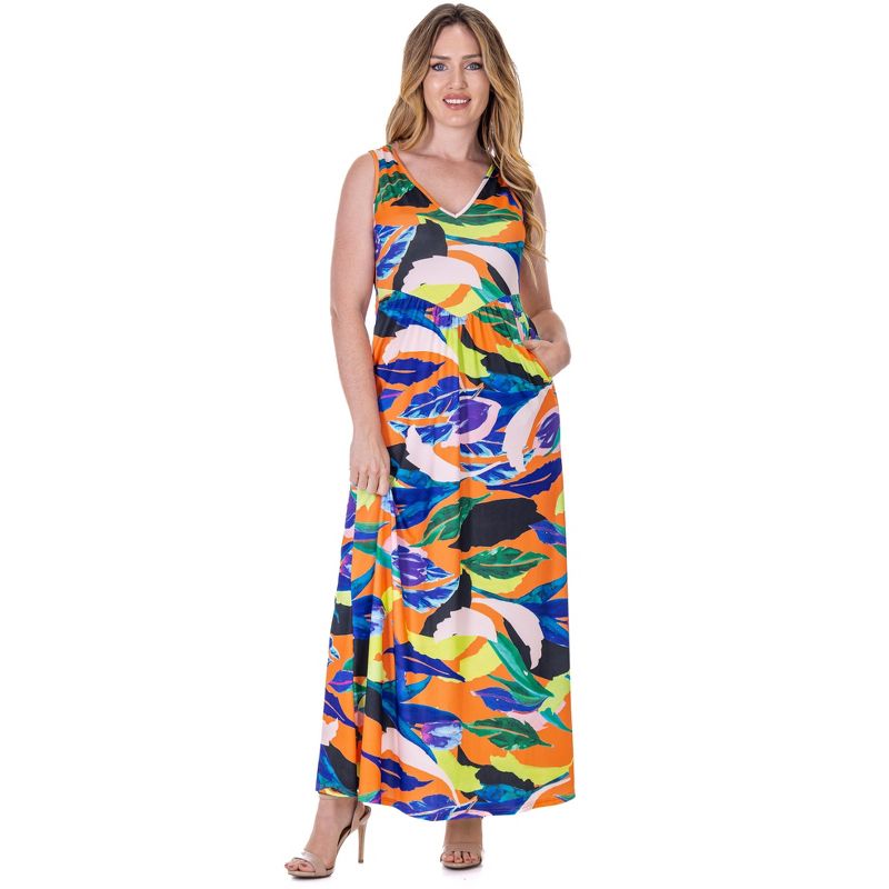 24seven Comfort Apparel Multicolor Floral Sleeveless V Neck Maxi Dress With Pockets, 1 of 9
