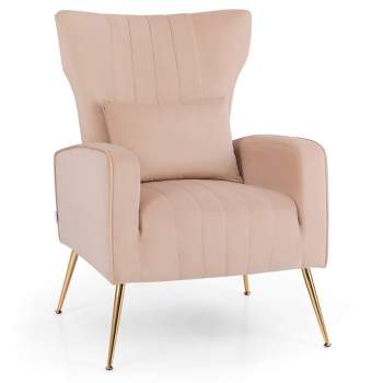 Costway Velvet Upholstered Wingback Chair with Lumbar Pillow & Golden Metal Legs Grey/Pink/Turquoise/White