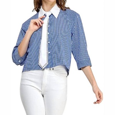 Women's Roberta Embellished Striped Cropped Shirt With Tie - Pastel Design