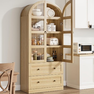 72" Tall Arched Kitchen Pantry Cabinet, Farmhouse Wood Pantry Storage Cabinet with Drawers, Door, Freestanding Versatile Pantry Cabinets