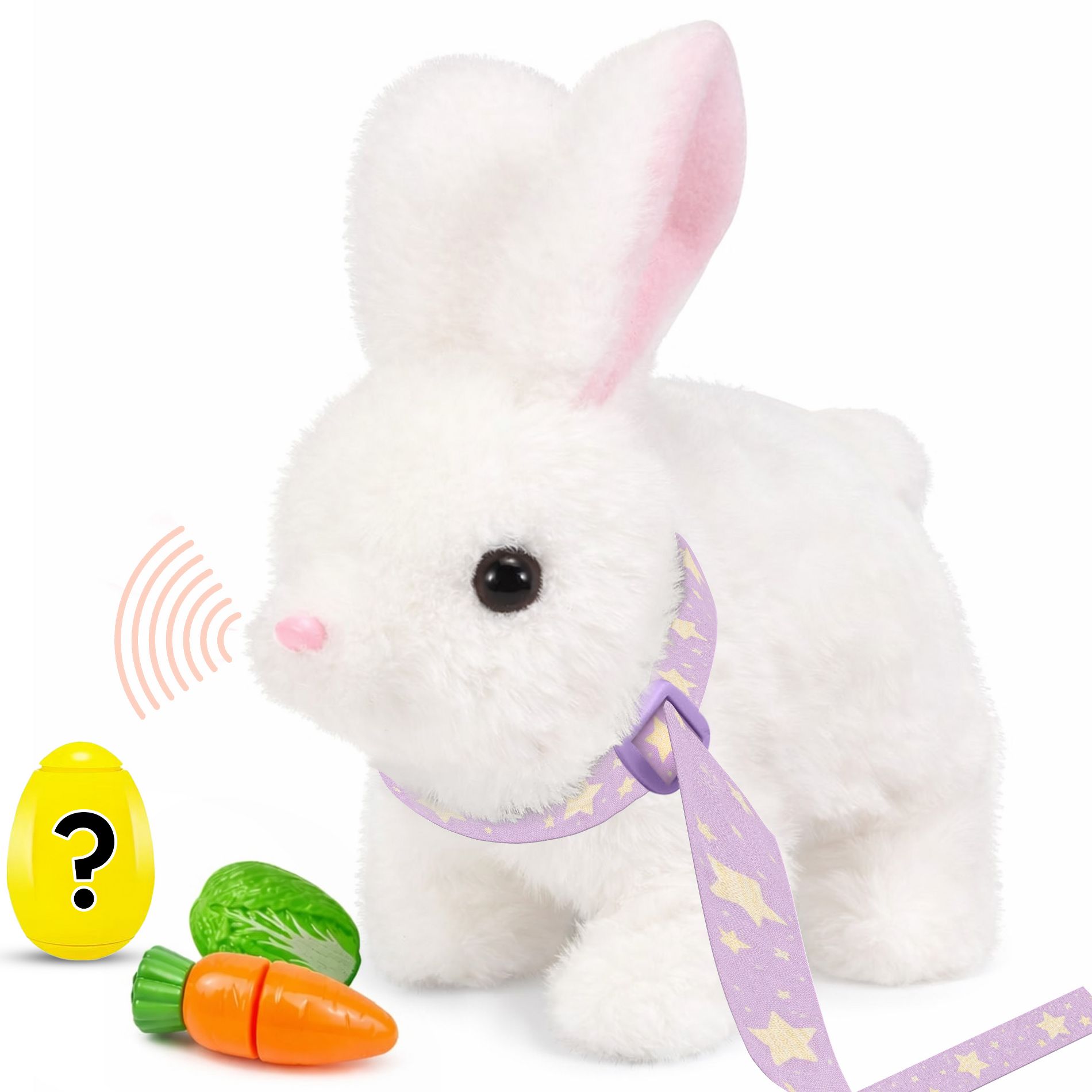 Interactive Easter Plush Bunny with Carrot Cabbage & Spinner Egg Toys, 6'' Walking Plush Bunny with Sounds & Twitching Ears Toy Gift Set for Toddlers
