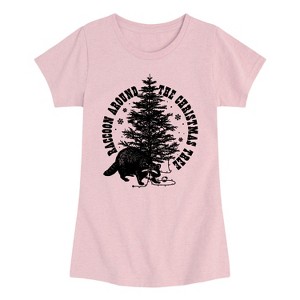 Girls' - Instant Message - Raccoon Around The Christmas Tree Fitted Short Sleeve Graphic T-Shirt - 1 of 4