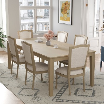 7 PCS Farmhouse Extendable Dining Set, Table with 2 Storage Drawers, 6 Upholstered Rubber Wood Frame Chairs with Polyester Cushion-Baofuwish