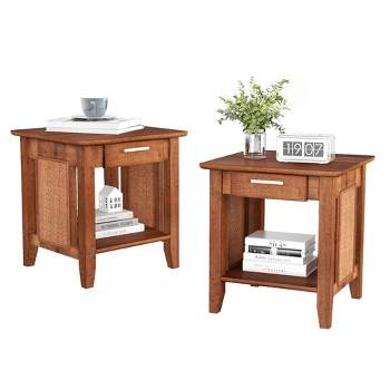 Tangkula 2PCS Boho Style Nightstand 3-Tier Sofa Side End Table w/ Drawer & Shelf Walnut