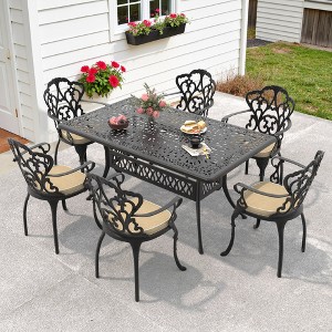 7-Piece Cast Aluminum Patio Set Beige Cushions - Ergonomic, All-Weather, Umbrella Hole - 1 of 4