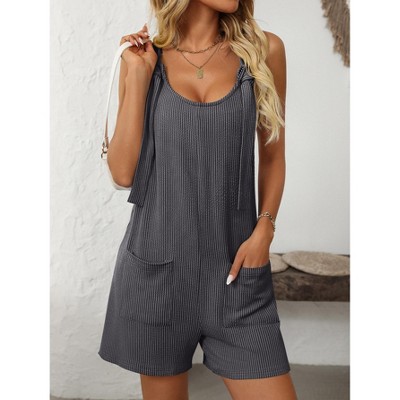 Womens Summer Casual Short Romper Scoop Neck Sleeveless Striped Overalls Shorts Jumpsuit with Pockets
