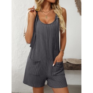 Womens Summer Casual Short Romper Scoop Neck Sleeveless Striped Overalls Shorts Jumpsuit with Pockets - 1 of 4