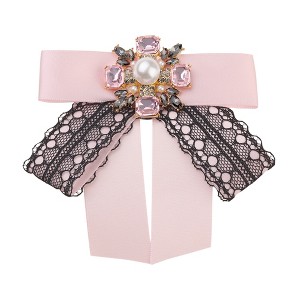 INSPIRE CHIC Women's Satin Ribbon Lace Trim Rhinestone Brooch Ties - 1 of 4