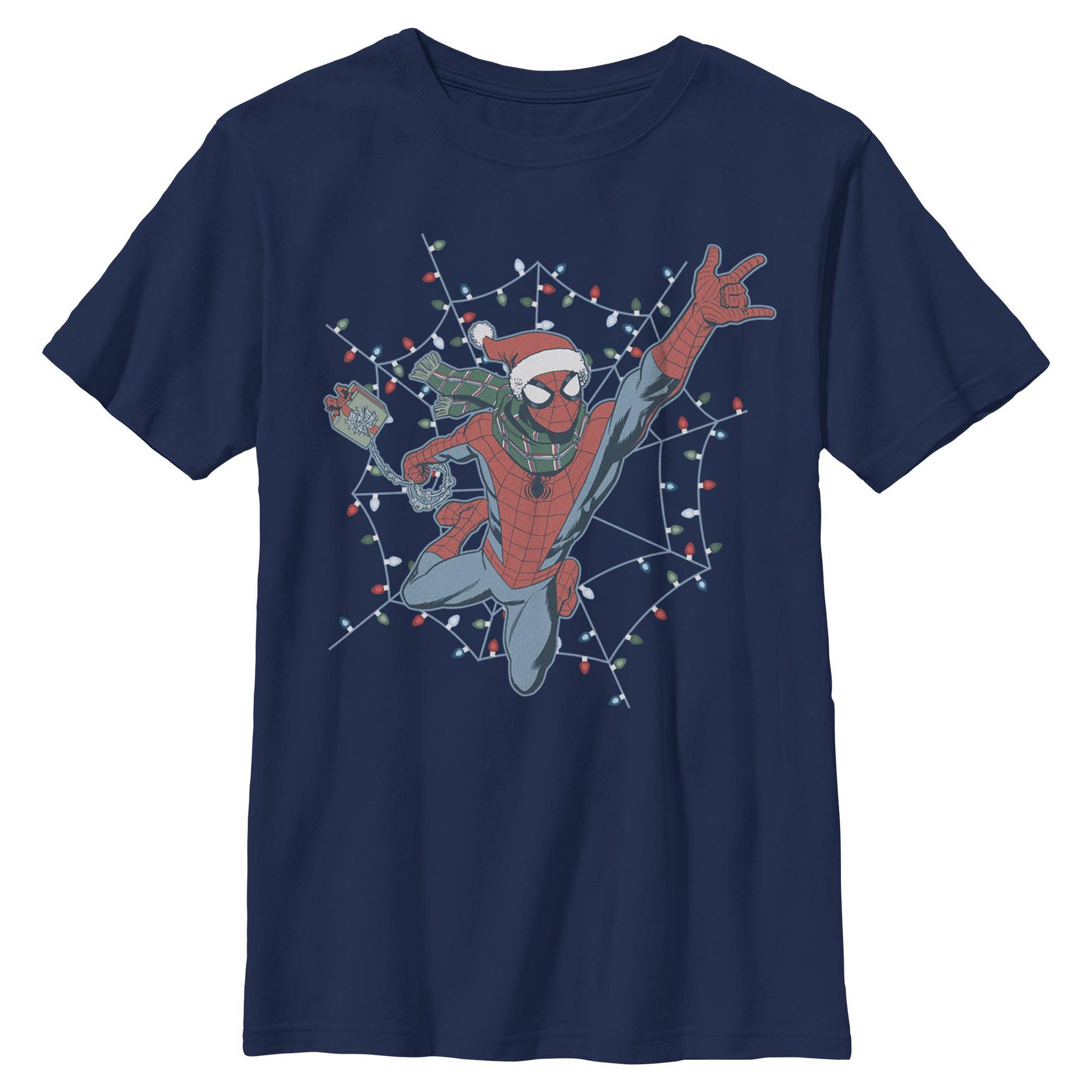 Boys Marvel Christmas Lights Web Swing T Shirt - Navy Blue - X Small