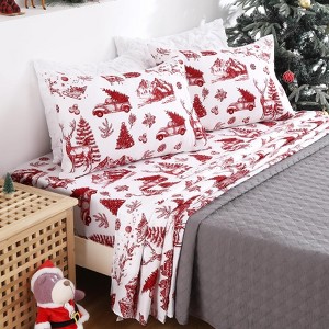 Christmas Bed Sheets Set, Soft Brushed Microfiber, 16" Deep Pocket Fitted Sheet, Flat Sheet & Pillowcase, Winter Holiday Bedding (Red Boho) - 1 of 4