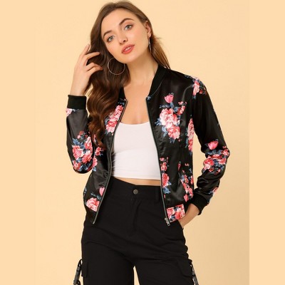 INSPIRE CHIC Women's Stand Collar Floral Prints Zip Up Lightweight Short Jacket Black Pink X-Large — фото 3