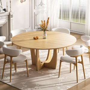 PexFix 59" x 59" Solid Wood Farmhouse Dining Table Round Wood Top with Arched Cross Legs for Modern Dining Rooms & Family Gatherings Natural - 1 of 4