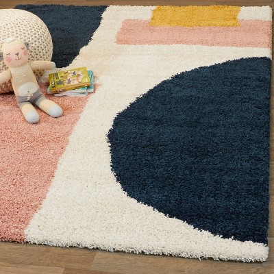 Navy and Multicolor Geometric Synthetic 5' x 7' Area Rug