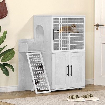 Antique White Double Layer Cat Litter Box Enclosure with Ladder