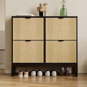 Shoe Cabinet with 3 Flip Doors & 1 Drawer, Modern Fluted Shoe Organizer for Entryway,Hallway(Black+Grey) - 1 of 4