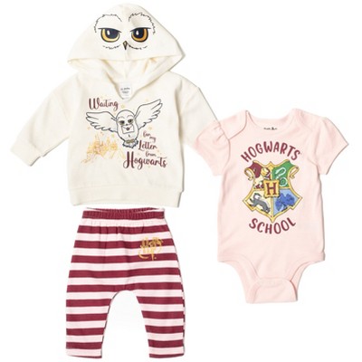 Harry Potter Hedwig Owl Hogwarts Newborn Baby Girls 3 Piece Outfit Set: Hoodie Pants Bodysuit White 0-3 Months