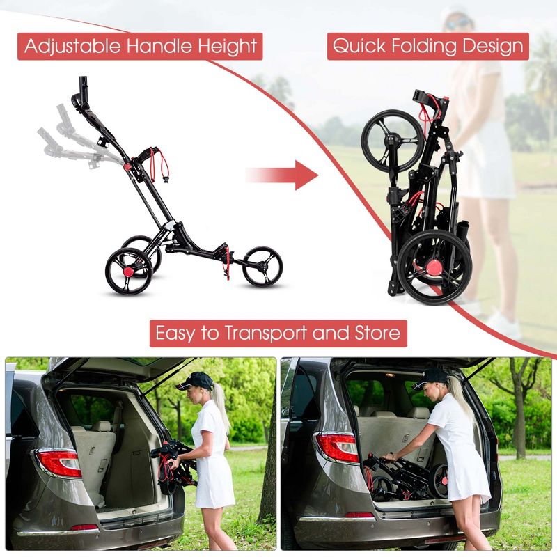 Costway Foldable 3 Wheel Steel Golf Pull Push Cart Trolley Club w/ Umbrella Holder, 3 of 11