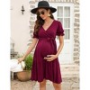 Women's Maternity Dress Puff Short Sleeves V Neck Dresses Casual High Waist A Line Solid Color Midi Dress with Belt - 4 of 4