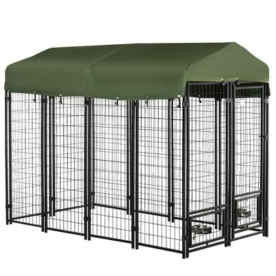 PawHut Outdoor Dog Kennel, Lockable Pet Playpen Crate, Welded Wire Steel Fence, with Water-, UV-Resistant Canopy, Rotating Bowl Holders, Door, 8ft x 4ft x 6ft, Green