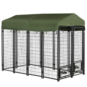 PawHut Outdoor Dog Kennel Lockable Pet Playpen Crate Welded Wire Steel Fence, with Water-, UV-Resistant Canopy, Rotating Bowl Holders Door, 8x4x6ft - 1 of 4