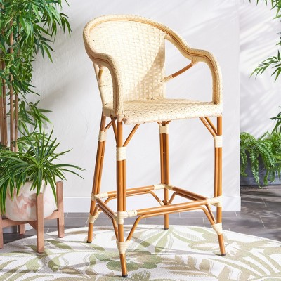 Natural Woven Faux Wicker and Aluminum Bar Stool with Arms