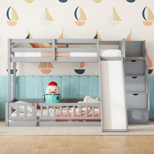 NicBex Twin Over Full Bunk Bed with Slide and Storage Staircase,Loft Bed with Safety Guardrail for Bedroom,Gray/White - 1 of 4