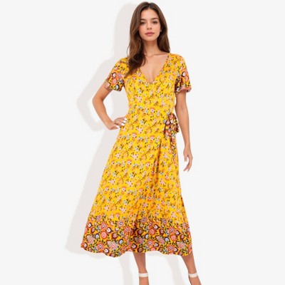 Anna-Kaci Women's Floral Print Short Sleeve Wrap Dress With Tie Waist- Large, Sunrise Yellow