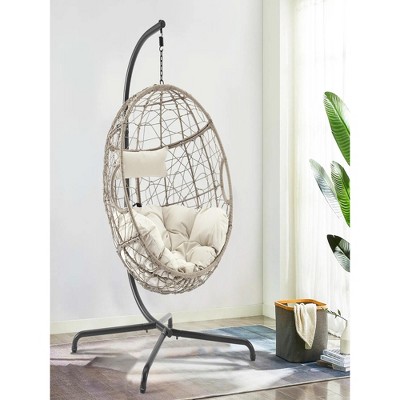 81"Patio Wicker Swing Egg Chair Basket Rattan Teardrop Hanging Lounge Chair with Stand and Cushions