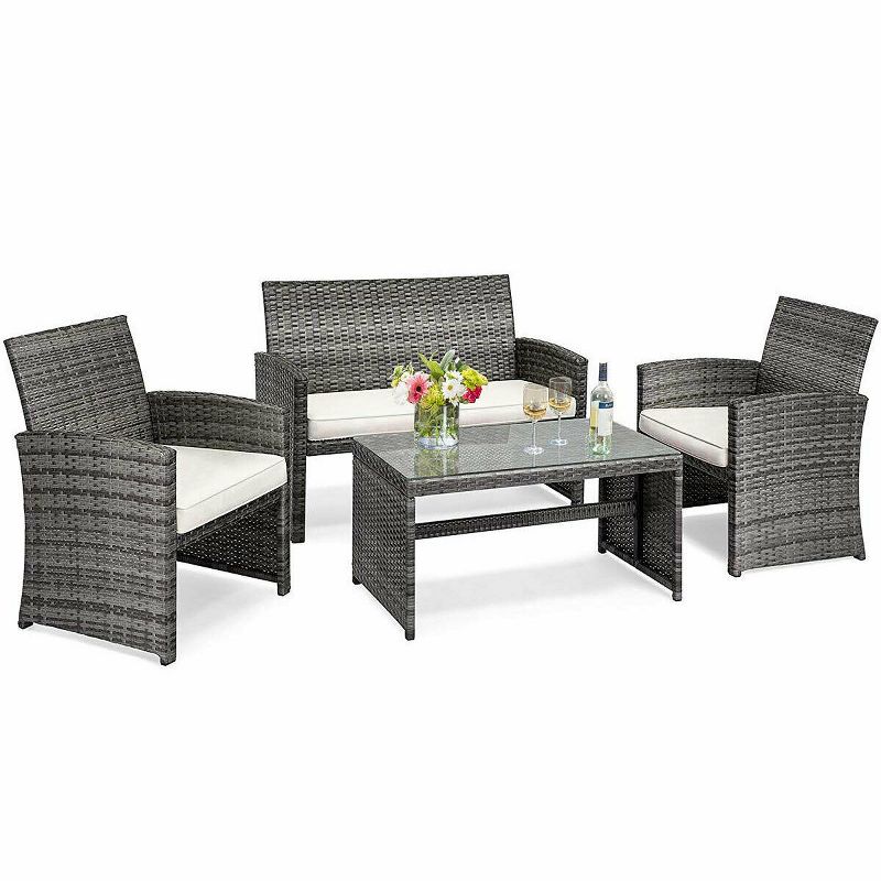 Costway 4PCS Patio Rattan Furniture Set Conversation Glass Table Top Cushioned Sofa White, 2 of 10