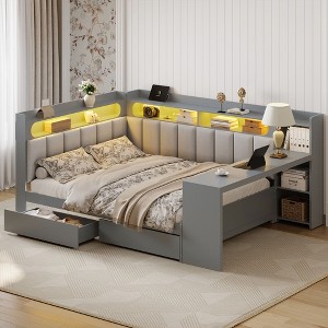 Whisen Full Size Daybed with Storage Shelves, Drawers, Charging Station, LED Light, Desk, Upholstered Headboard and Backrest - 1 of 4