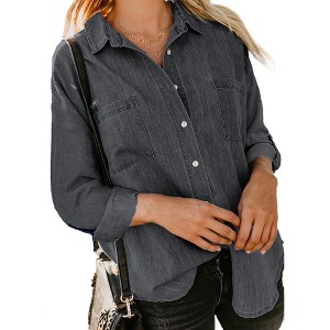 Clearlove Denim Button Down Shirt Women Long Sleeve Dressy Blouse Casual Office Work Tops V Neck Loose Jean Jacket Trendy Pocket - 1 of 4