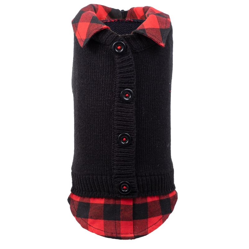 The Worthy Dog Plaid Layered-Look Two-fer Pet Pullover Black Cardigan Sweater, 1 of 2