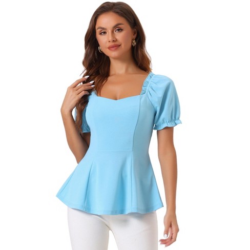 Allegra K Women's Sweetheart Neck Puff Ruffle Sleeve Elegant Peplum Top ...