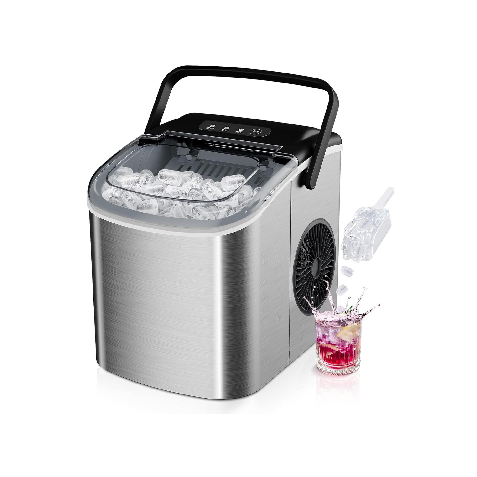 Simzlife Portable Ice Maker Countertop Stainless Steel, 26 Lbs/24H, Bullet Ice, 9 Pcs/6 Min, Auto-Cleaning, Ultra Quiet, Smart Operation, Sliver