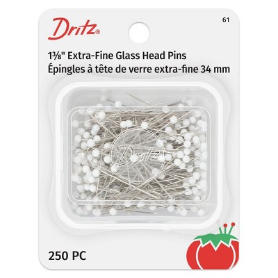 Dritz 250ct 1-3/8" Glass Head Pins Extra Fine White: Metal Straight Sewing Pins & Needles, Multipurpose, 2.1" Length