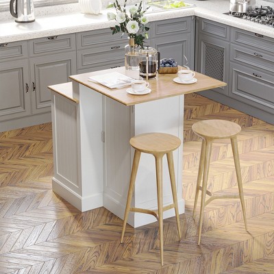 White and Light Brown Rubber Wood Kitchen Island with Storage Cabinet