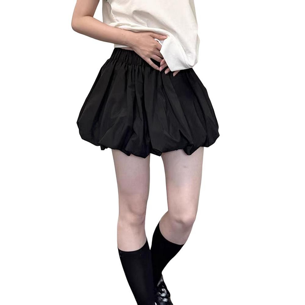Women High Waist Bubble Mini Skirt Elastic Waist Puffy Balloon Hem Short Skirt, Black, S